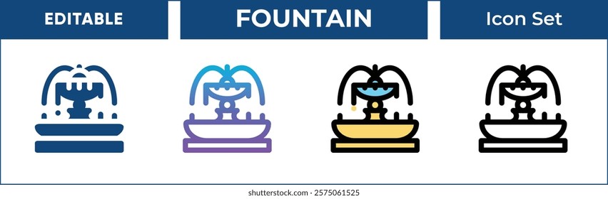 Fountain Icon Set. Features Editable Vector Icons for fountains, and more. Includes line, gradient, filled, and outline styles. Perfect for city planning, landscape design, and architectural projects.