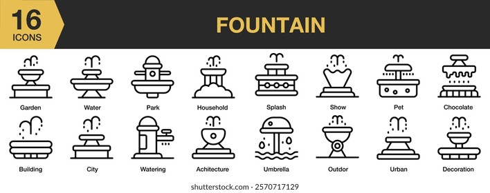 Fountain icon set. Includes fountain, water, splash, park, garden, flow, and More. Outline icons vector collection.