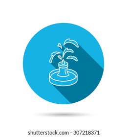 Fountain icon. Water in park sign. Architecture symbol. Blue flat circle button with shadow. Vector