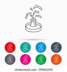 Fountain icon. Water in park sign. Architecture symbol. Linear icons in circles on white background.