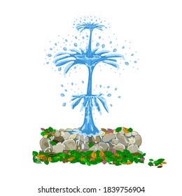 Fountain isolated on white background. Vintage cartoon source with pure water stream, stones and color leaf. Street fountain aspiring upwards. Landscape design of square or park. Vector illustration