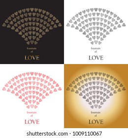 Fountain of Love. Set of fancy vector abstract Valentine Day greeting cards. Fan shaped décor on a black, white, red background. Golden hearts from embroidery stitches. Book cover, Tee shirt print