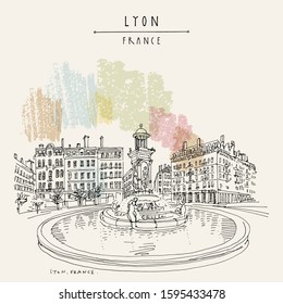 Fountain in Lyon, France, Europe.  European city illustration. Hand drawing in retro style. Travel sketch. Vintage hand drawn touristic postcard, poster or book illustration in EPS10 vector