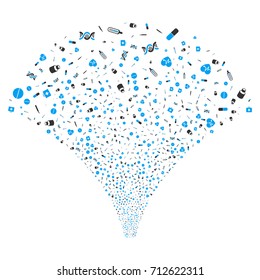 Fountain of medical tools icons. Vector illustration style is flat blue and gray iconic symbols on a white background. Object fountain constructed from scattered design elements.
