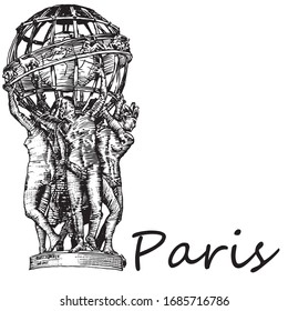 Fountain of Observatory or Four continents ( l'Observatoire) 1874, in Jardin Marco Polo, south of Jardin du Luxembourg in Paris, France. Hand-drawn vector illustration, in the style of engraving.