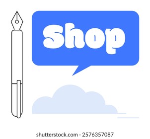 Fountain pen beside blue speech bubble containing the word Shop and cloud-like shape. Ideal for online stores stationery branding e-commerce websites marketing materials promotional content