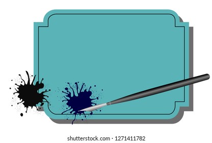 Fountain pen with blot in frame. Vector illustration