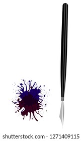 Fountain pen with blot. White background. Vector illustration