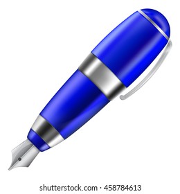 Fountain pen. Blue writing tool. Vector illustration isolated on white background