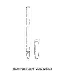 Fountain pen and bottle with ink. Sign of feather pen for signature at office or school. Vector sketch illustration isolated on white.