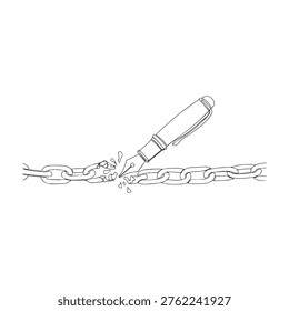 Fountain pen breaking a chain link, symbolizing freedom of speech and expression.