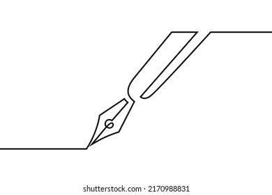 Fountain pen in continuous line art drawing style. Writing or signing document using status symbol vintage ink pen.  Black linear design isolated on white background. Vector illustration