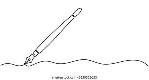 Pluma estilográfica en estilo de dibujo de línea continua. Escritura o firma de documentos usando el lápiz de tinta vintage símbolo de Estado. Diseño lineal negro aislado sobre fondo blanco. Ilustración vectorial.