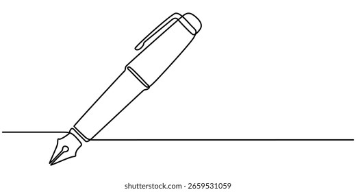 Caneta fonte em estilo de desenho de arte de linha contínua. Escrevendo ou assinando documento usando o símbolo de status caneta de tinta antiga. Design linear preto isolado em fundo branco. Ilustração vetorial.