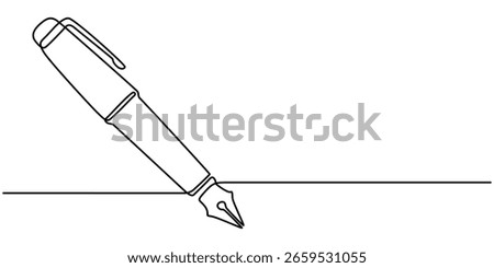 Fountain pen in continuous line art drawing style. Writing or signing document using status symbol vintage ink pen. Black linear design isolated on white background. Vector illustration.