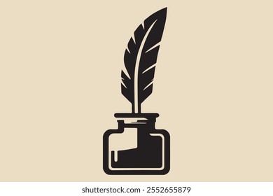 A fountain pen with a feather quill, set inside an ink bottle.