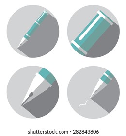 Fountain pen flat icon set with shadow.
Vector illustration. Flat design style.
