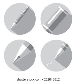 Fountain pen flat icon set with shadow.
Vector illustration. Flat design style.
