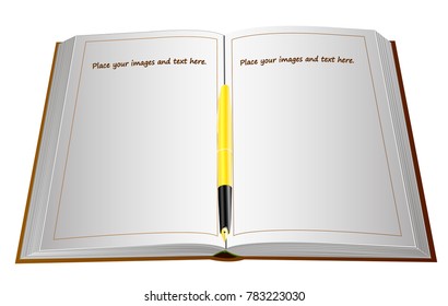 Fountain Pen with a gold feather on a large open book with blank pages. It is possible to place images and text on pages.