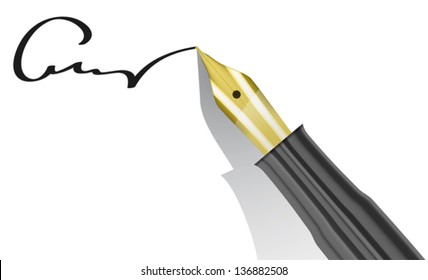 Fountain Pen with golden tip and signature. Vector illustration