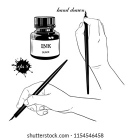 
 Fountain pen in the  hand.Vector Set of two sketches.
 Hand-drawn illustration.Isolated objects on white background.