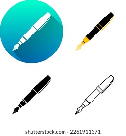 Fontäne-Pen-Symbol-Set aus flachem, diagonalem Schatten, Farbe, schwarz-weißer Silhouette, Linie-Art-Logo-Symbol einzeln auf weißem Hintergrund