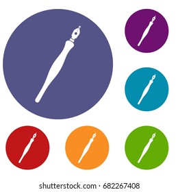 Fountain pen icons set in flat circle red, blue and green color for web