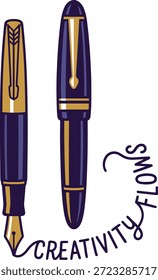 Ilustración de pluma estilográfica con texto de flujos de creatividad, herramienta de escritura azul oscuro y oro, concepto de tinta artística, diseño de Vector elegante