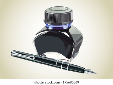 fountain pen with ink bottle