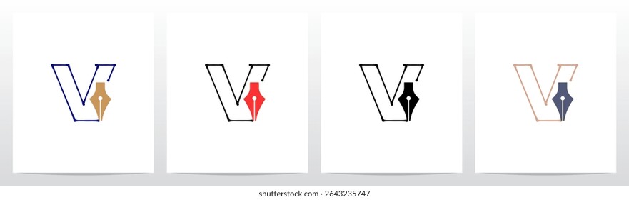 Fountain Pen Ink Lines Outlines Letter Initial Logo Design V