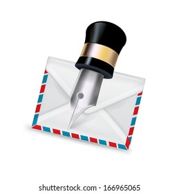 fountain pen and mail envelope isolated on white background