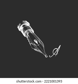 Fountain pen nib and cursive letter, hand drawn illustration in vector, sketch in retro style