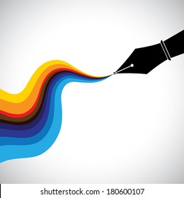 fountain pen nib and flowing colorful ink  - creativity concept vector. This graphic also represents artistic ability, drawing, painting, writing talent and skill, creativity