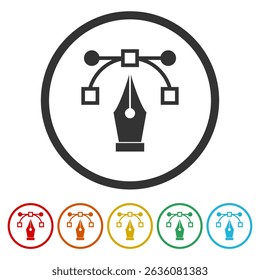 Ícone de glifo da caneta da fonte. Defina ícones em botões de círculo de cor. Logotipo simples do vetor
