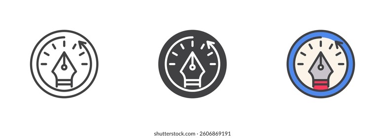 Fountain pen nib inside a circular frame different style icon set. Line, glyph and filled outline colorful version, outline and filled vector sign. Creative time management symbol, logo illustration
