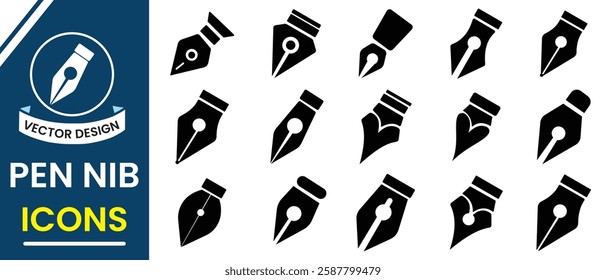 Fountain pen nib vector icon set. Pen nib icon vector illustration. Silhouette of pen nib symbol for logo, app, web design. Vector illustration.