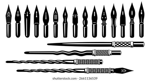 Caneta de Fonte Nibs e Suportes. Cliparts vetoriais isolados no branco.