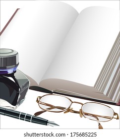 Fountain pen notebook and glasses and ink