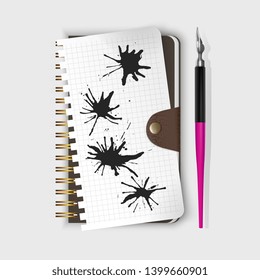 Fountain pen, fountain pen on notepad and Black ink paint spots. Vector Realistic style illustrated