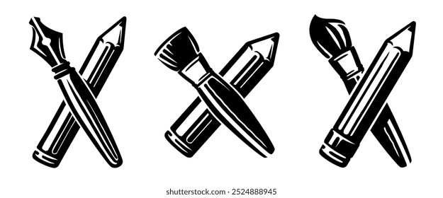 Fountain pen, pencil and brush. School art painting emblem or symbol. Hand drawn vector drawing