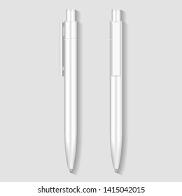 Fountain Pen, Pencil, Marker Set Of Corporate Identity And
Branding Stationery Templates. Illustration On Gray Background. Mock
Up Template Ready For Your Design. Vector EPS10