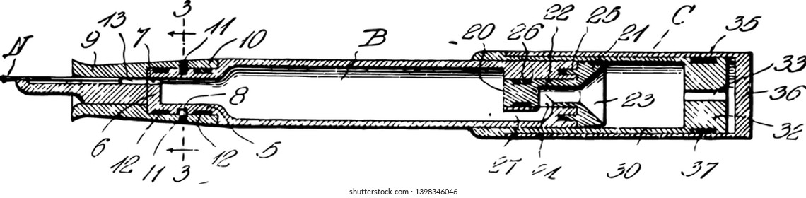 Fountain Pen with a point pen writing implement flows vintage line drawing or engraving illustration.