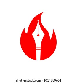 a fountain pen in a red flame isolated on white background, hot pen logo design template