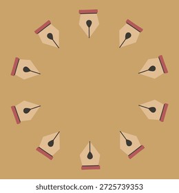 Fountain Pen Round Border. Writing Quill Circle Frame. Vintage Stationery Card Template with neutral beige background. Vector illustration Flat design