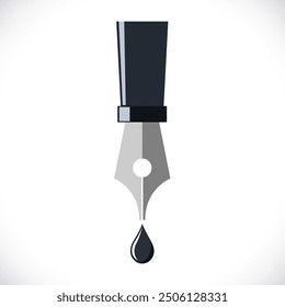 Fountain pen squirting black ink drop. Vector illustration for writer, poet or journalist. 