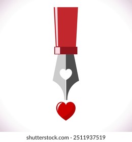 Fountain pen squirting red ink drop, heart shape. Romantic writer for love stories or Valentine day messages. Vector illustration