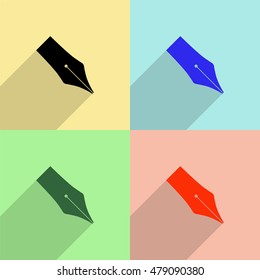 Fountain pen vector icon - colored set with long   shadow