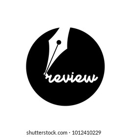 A fountain pen writing the word review in black circle and white background