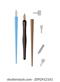 Fountain pens collection. Calligraphy elements set. Collection of objects for drawing. Ink, beautiful handwriting, retro, old, vintage. Cartoon flat vector illustrations isolated on white background