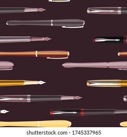 Fountain pens on a dark background vector seamless pattern for decoration, packaging, textile
